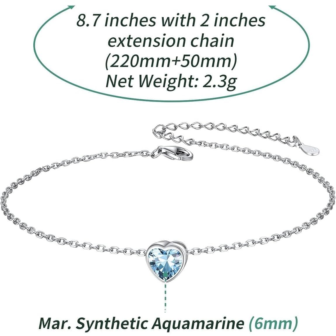 Bride Heart Birthstone Wedding Anklets Details: Dimensions, Hypoallergenic, Lobster-Claw-Clasps