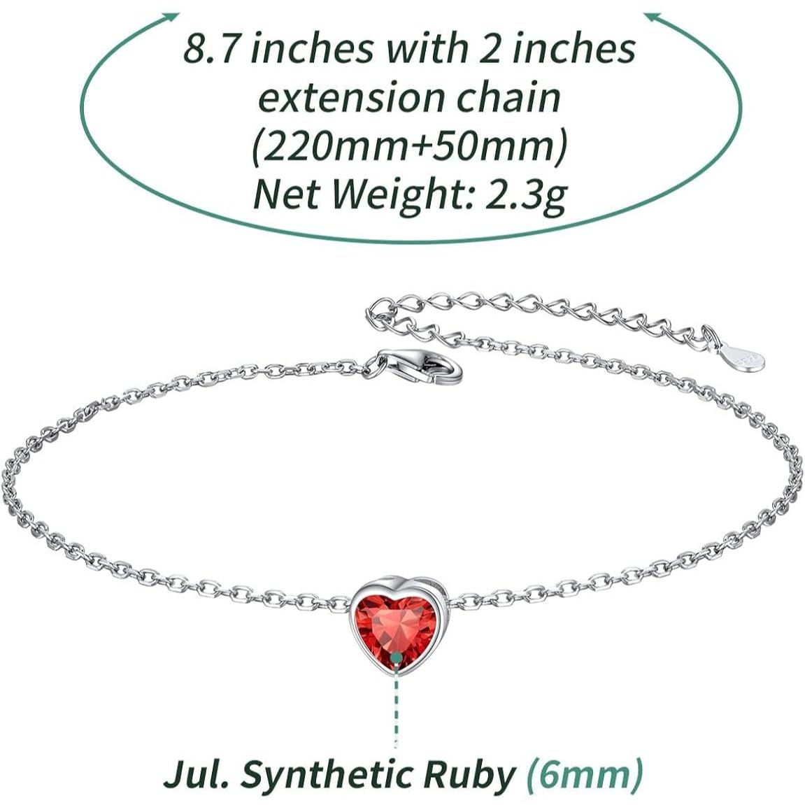 Bride Heart Birthstone Wedding Anklets Details: Dimensions, Hypoallergenic, Lobster-Claw-Clasps