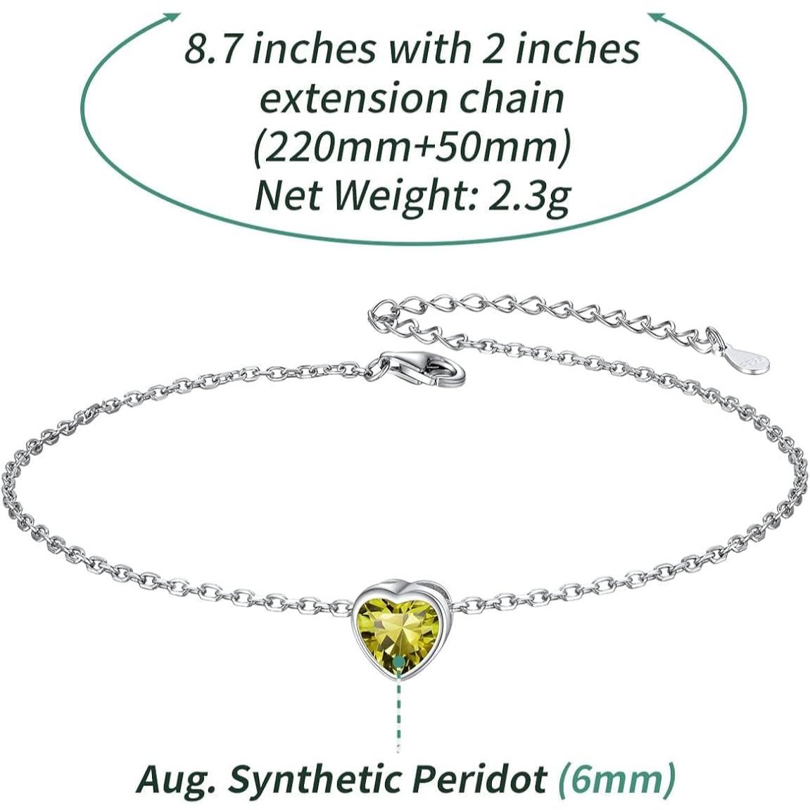 Bride Heart Birthstone Wedding Anklets Details: Dimensions, Hypoallergenic, Lobster-Claw-Clasps