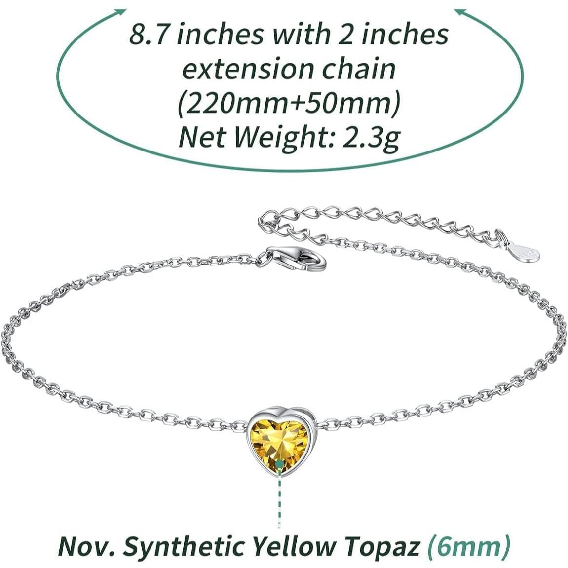 Bride Heart Birthstone Wedding Anklets Details: Dimensions, Hypoallergenic, Lobster-Claw-Clasps