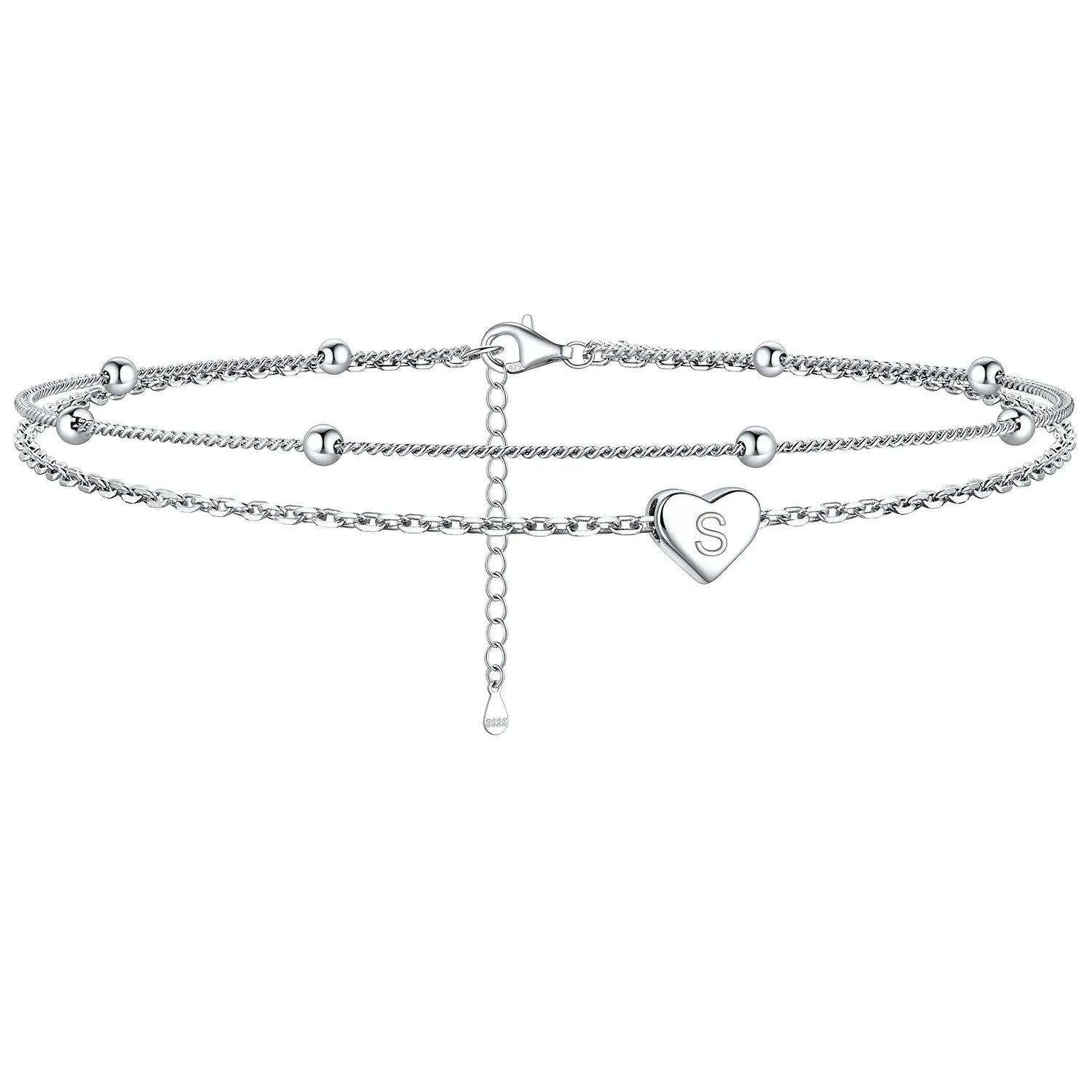 S-Heart Initials Dainty Layered Anklets With Beaded