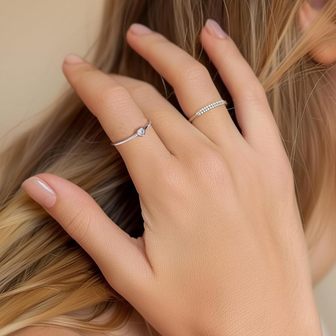 Dainty Cubic Zirconia Heart Promise Stacked Band Rings for Women