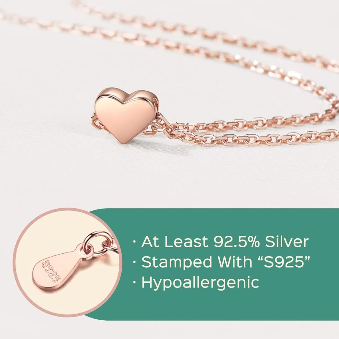 ChicSilver Sterling Silver Classic Rose Gold Heart Link Chain Bracelet  for Women, sterling silver jewlery, gift idea, sterling silver bracelets