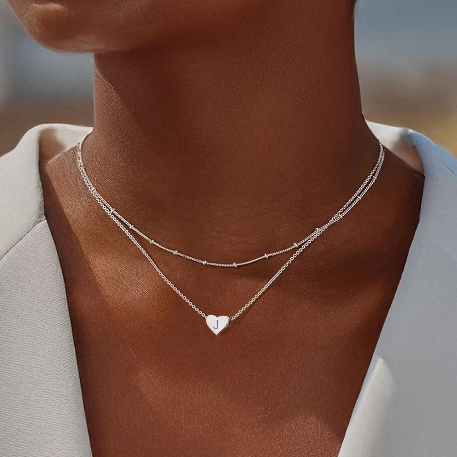 2026 hot Double-layered initial heart necklace for women, silver jewelry