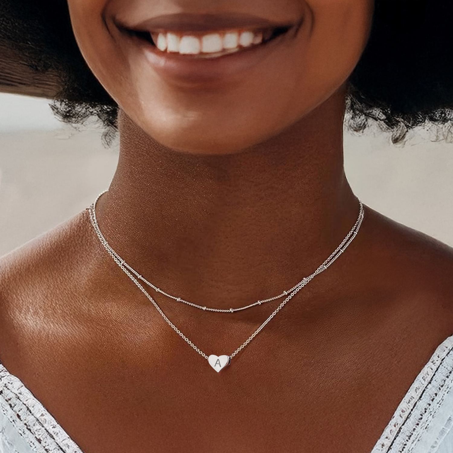 2026 hot Double-layered initial heart necklace for women, silver jewelry