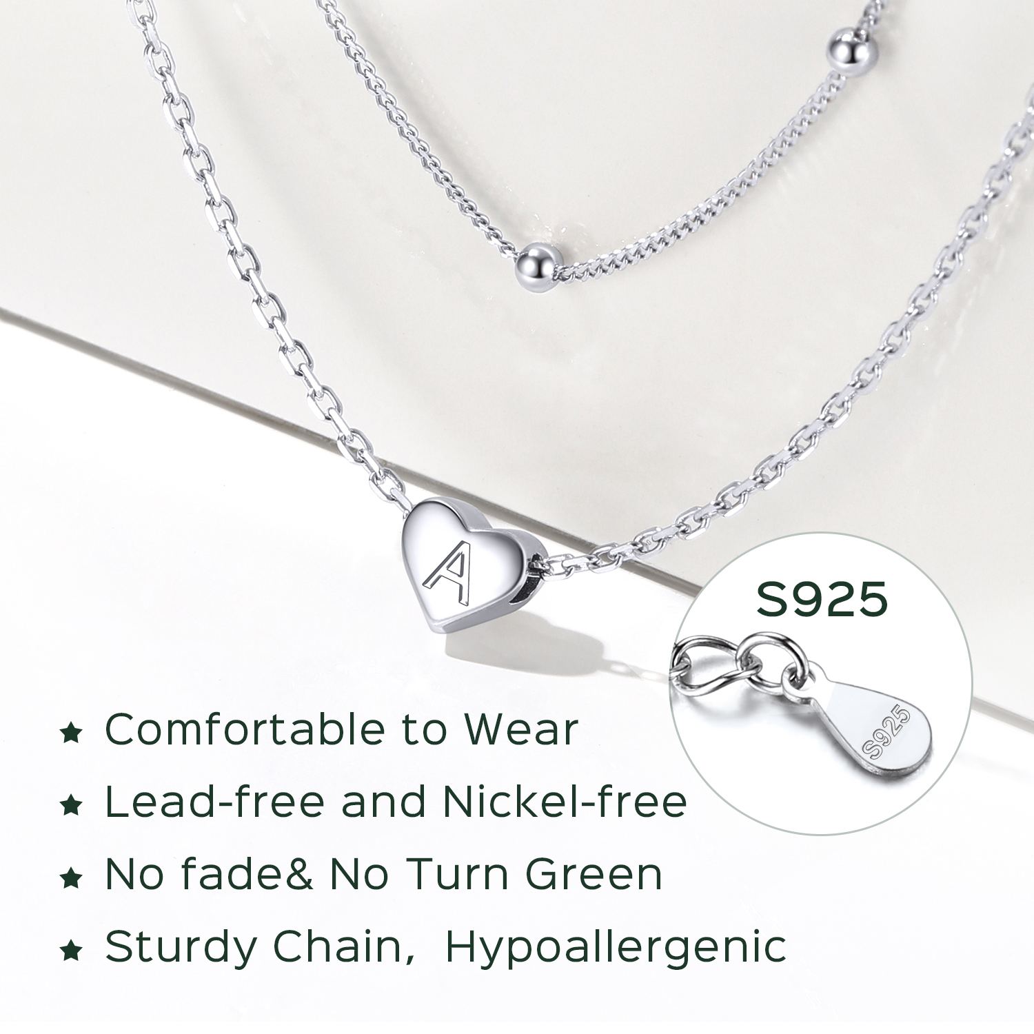 ChicSilver Sterling Silver  2026 hot Double-layered initial heart necklace for women, silver jewelry