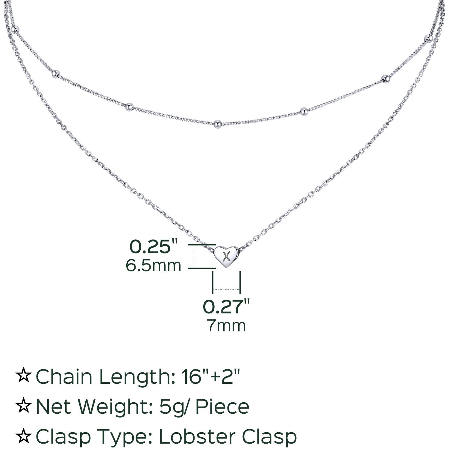 2026 hot Double-layered initial heart necklace for women Details: Dimensions, Hypoallergenic, Lobster-Claw-Clasps, silver jewelry, A to Z  jewelry