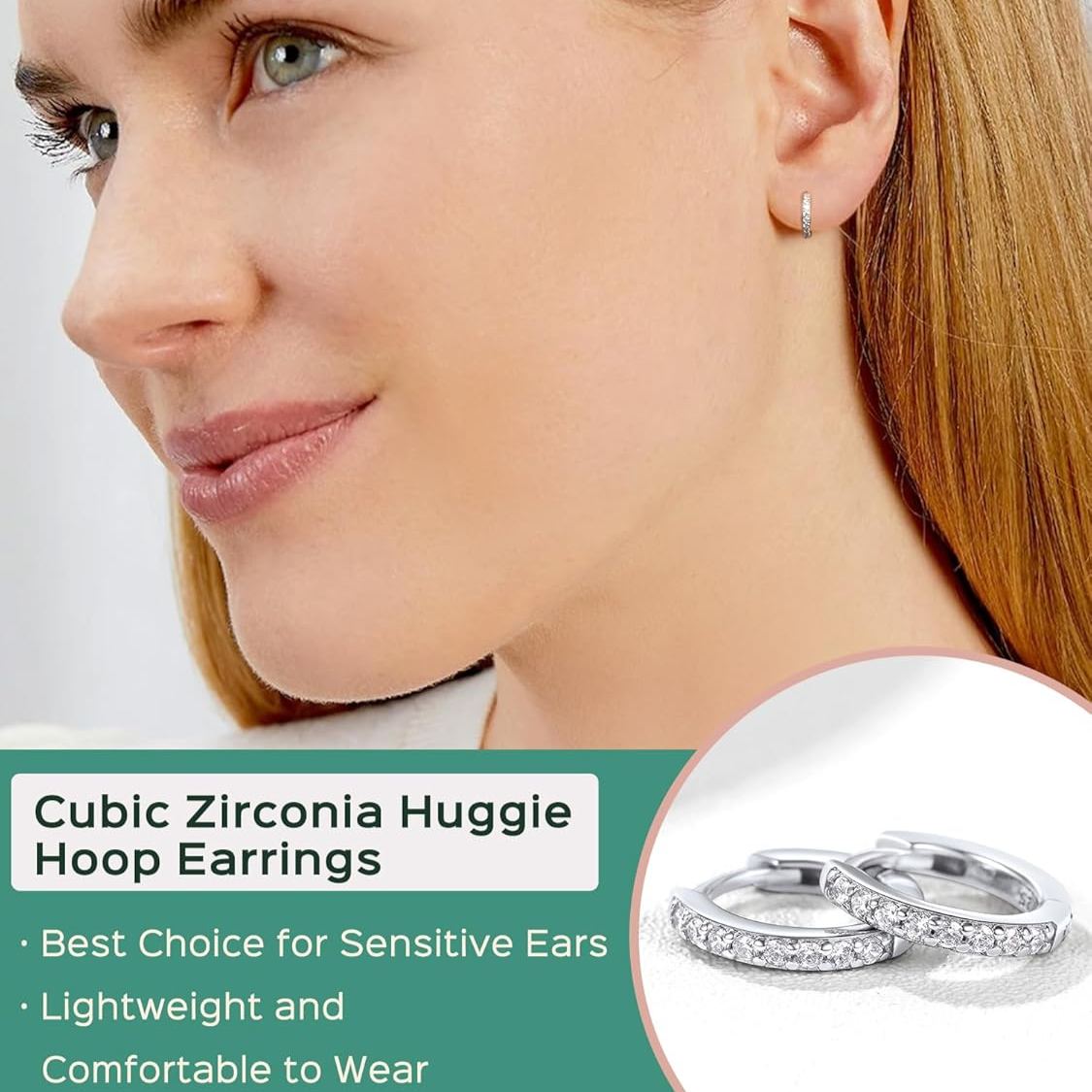 Cubic Zirconia Huggie Hoop Earring Details: Dimensions, Hypoallergenic, Hinged Hoop.