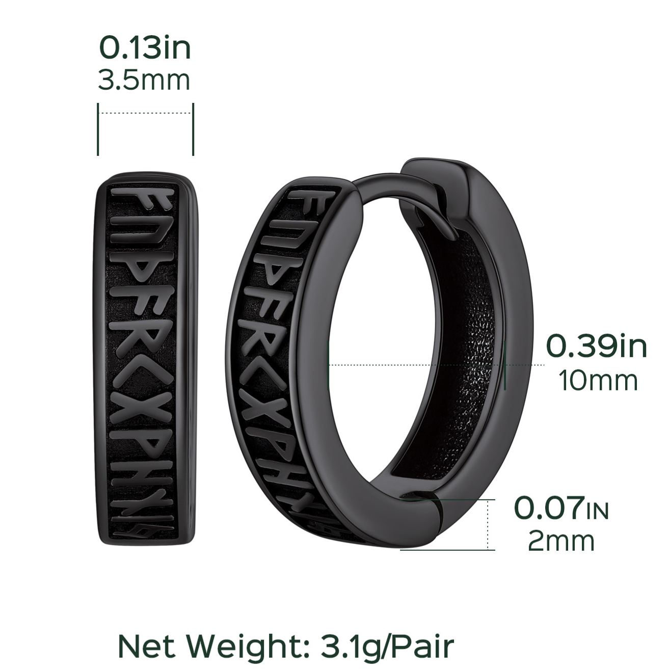 Runes Hoop Hypoallergenic Huggie Earrings  Details: Dimensions, Hypoallergenic, Hinged Hoop.