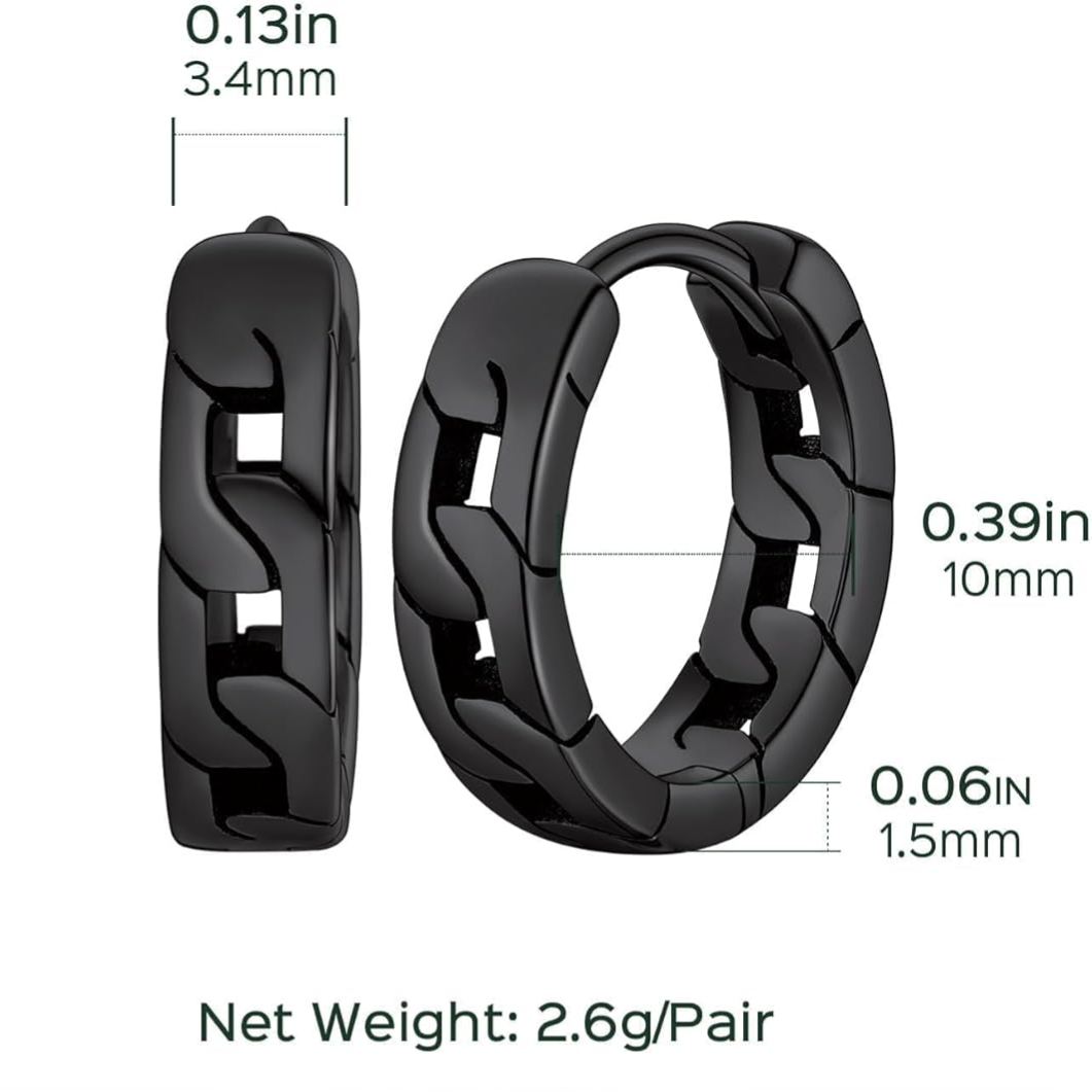 Cuban Chain Link Hypoallergenic Hoops Earrings Details: Dimensions, Hypoallergenic, Hinged Hoop.