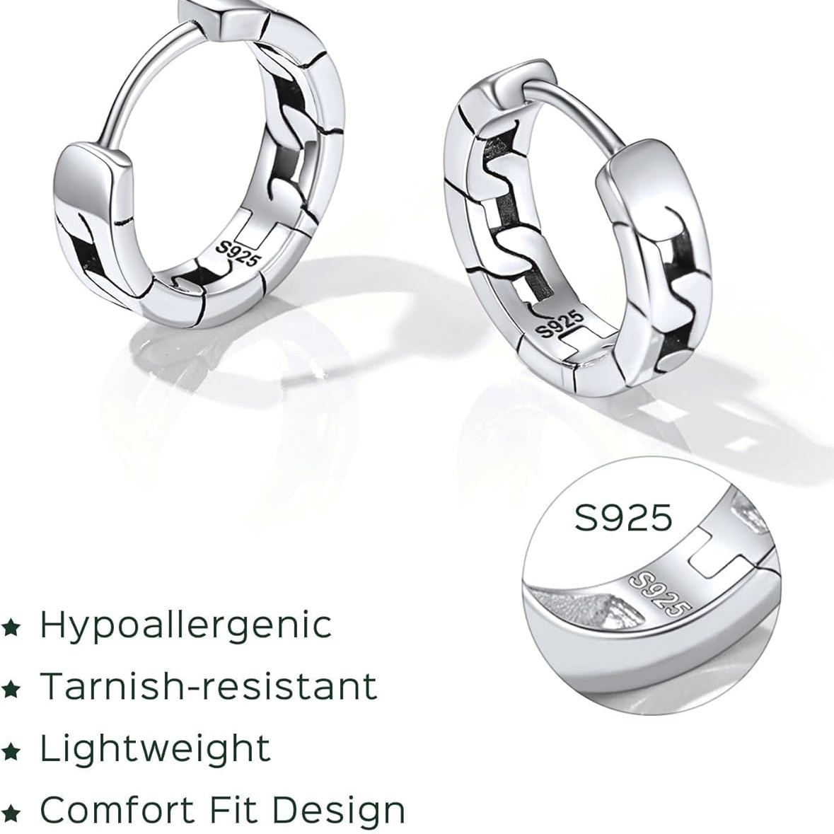 Sterling Silver Cuban Chain Link Hypoallergenic Hoops Earrings