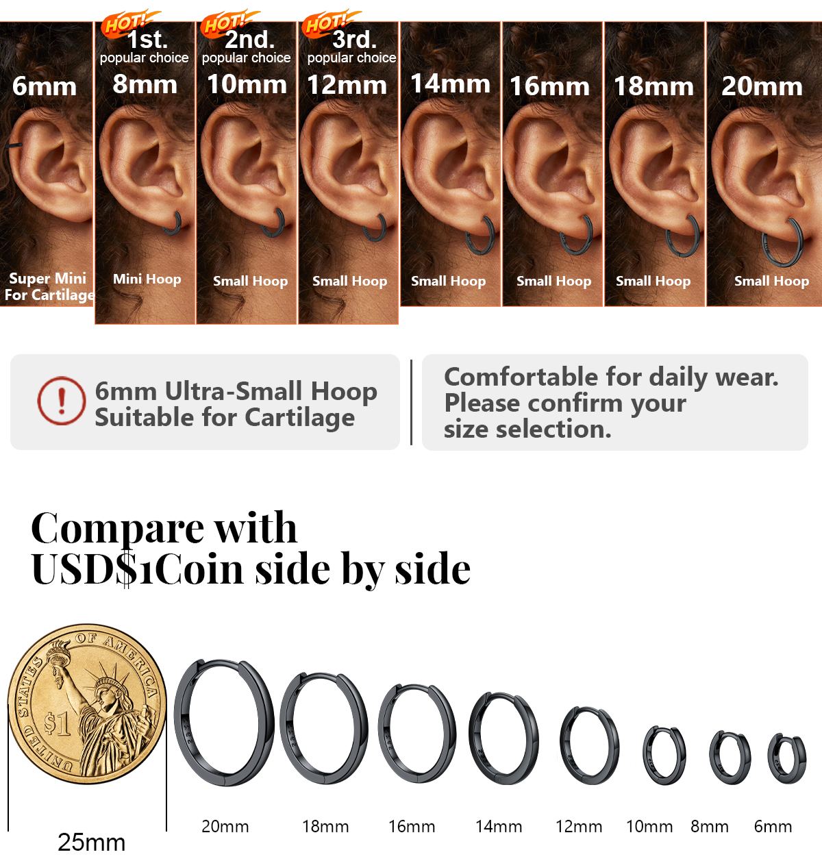 HOW TO CHOOSE THE RIGHT SIZE? Black Tiny Cartilage Huggie Hoop Earrings