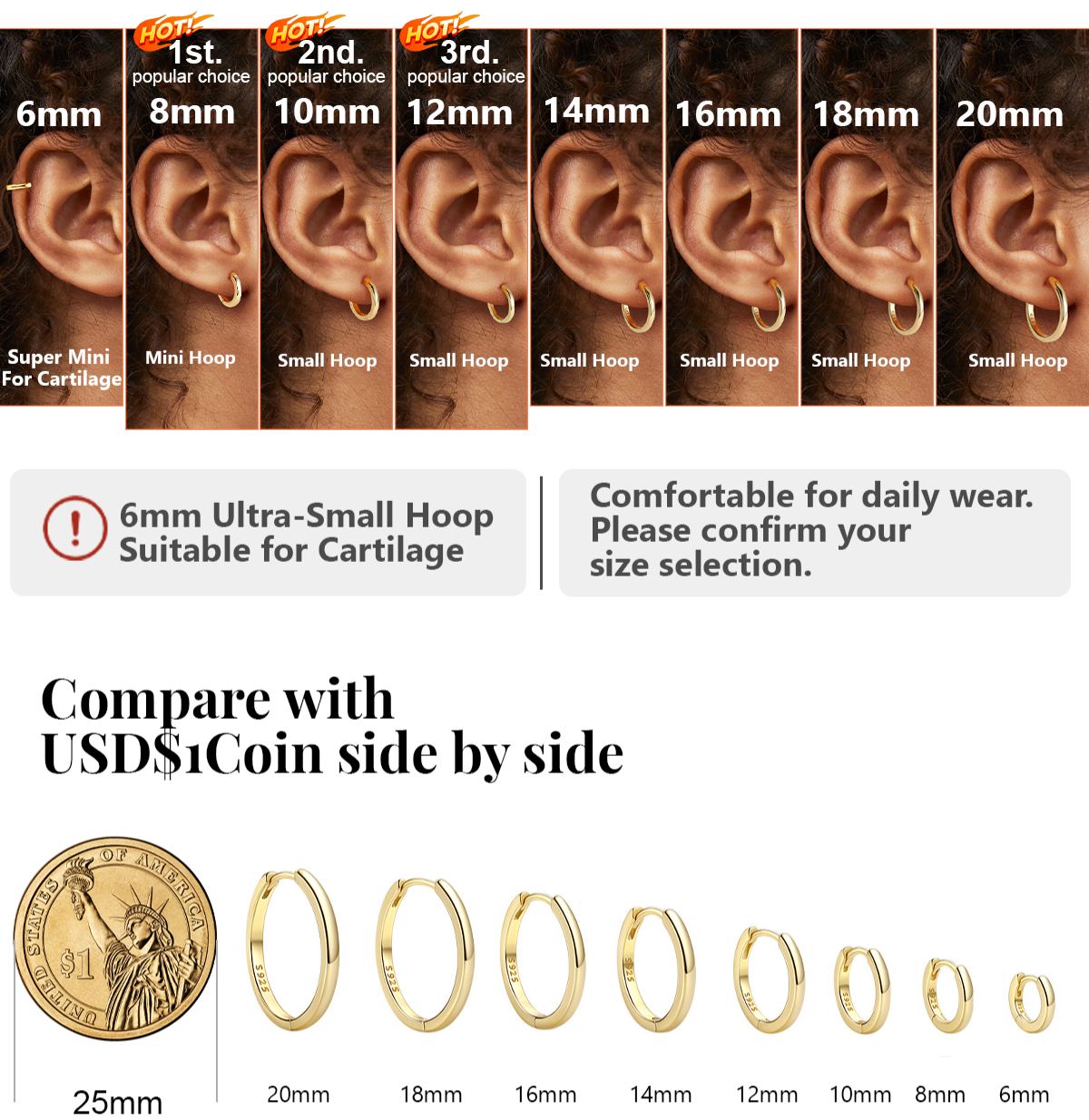 HOW TO CHOOSE THE RIGHT SIZE? Gold Tiny Cartilage Huggie Hoop Earrings