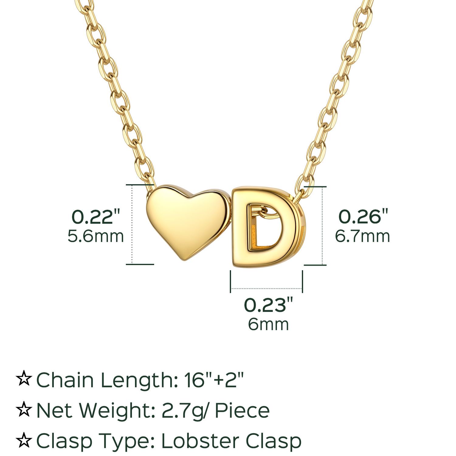 D-Gold Heart & Initial Pendant Necklace, sterling silver jewlery, heart necklace, initial necklace, gift idea,  A to Z  jewelry