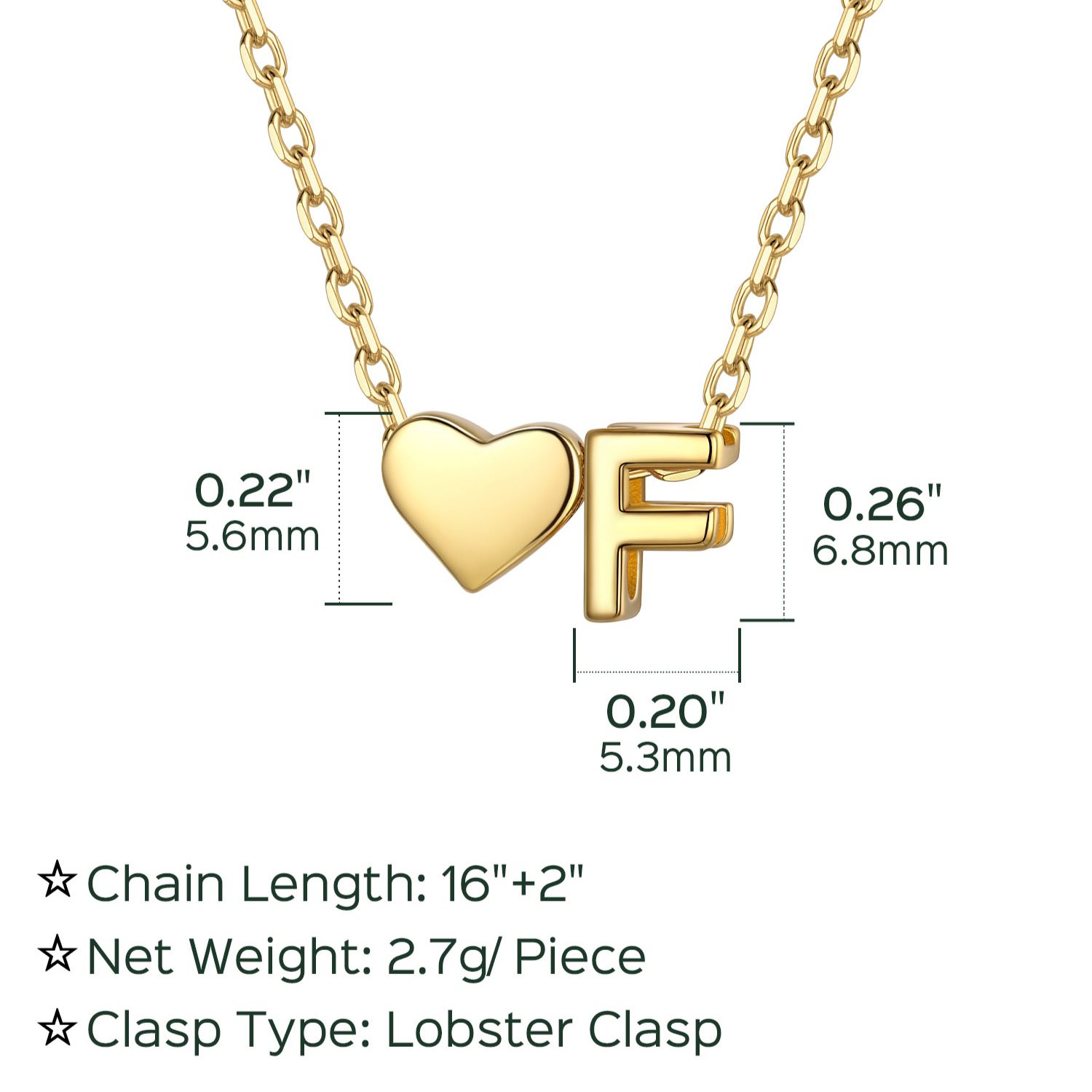 F-Gold Heart & Initial Pendant Necklace, sterling silver jewlery, heart necklace, initial necklace, gift idea,  A to Z  jewelry