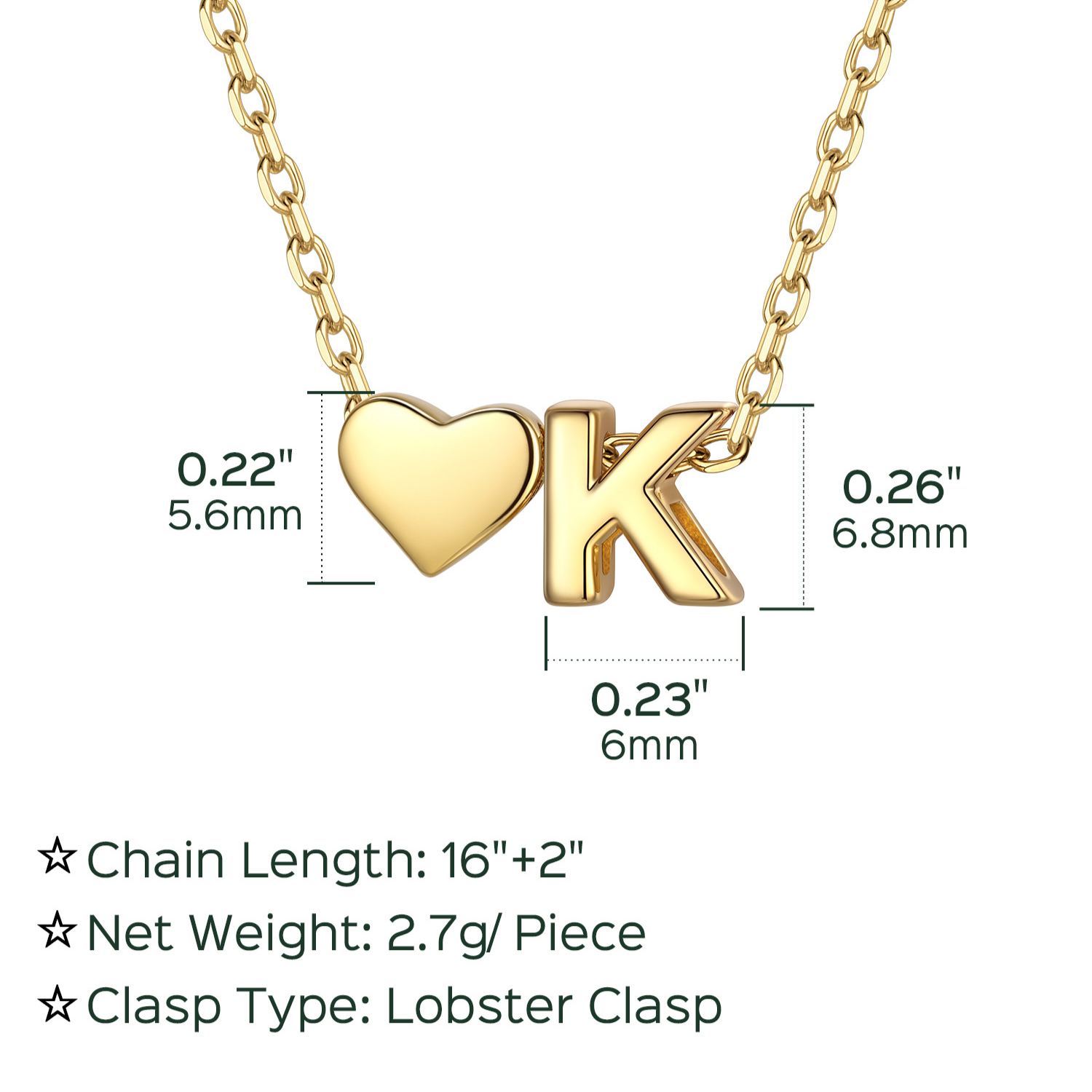 K-Gold Heart & Initial Pendant Necklace, sterling silver jewlery, heart necklace, initial necklace, gift idea,  A to Z  jewelry