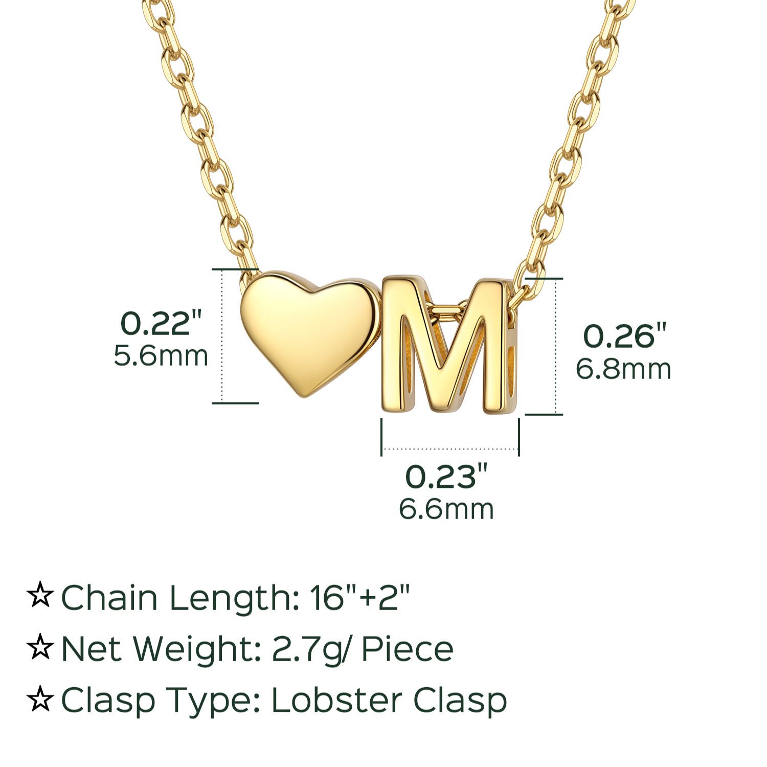 M-Gold Heart & Initial Pendant Necklace, sterling silver jewlery, heart necklace, initial necklace, gift idea,  A to Z  jewelry