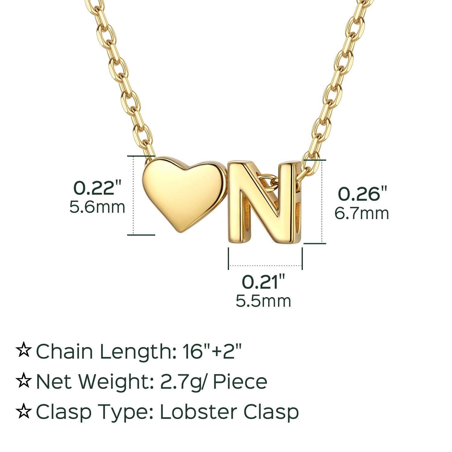 N-Gold Heart & Initial Pendant Necklace, sterling silver jewlery, heart necklace, initial necklace, gift idea,  A to Z  jewelry
