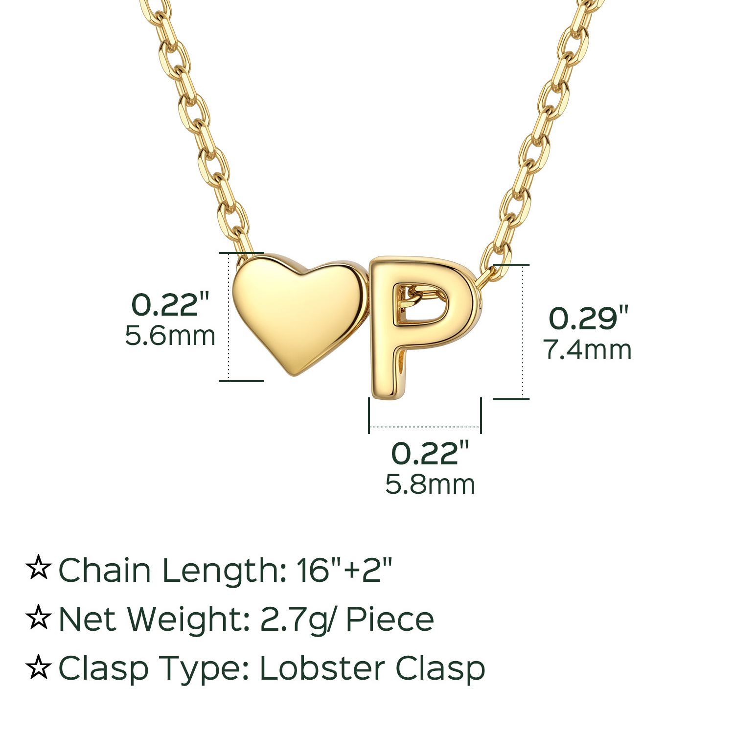 P-Gold Heart & Initial Pendant Necklace, sterling silver jewlery, heart necklace, initial necklace, gift idea,  A to Z  jewelry