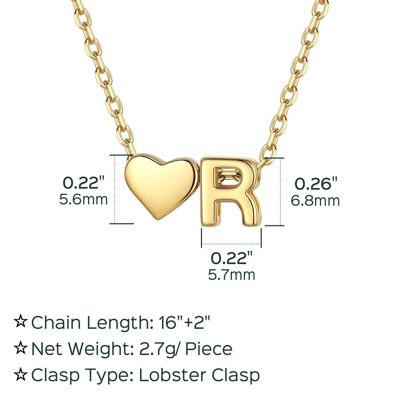 R-Gold Heart & Initial Pendant Necklace, sterling silver jewlery, heart necklace, initial necklace, gift idea,  A to Z  jewelry