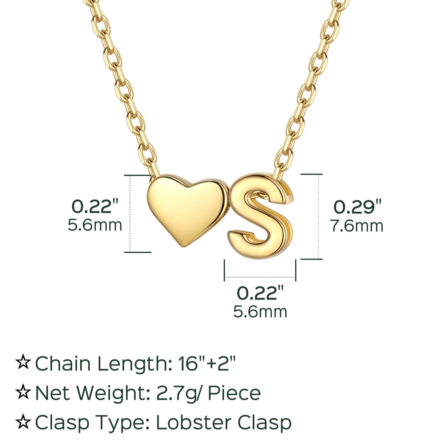 S-Gold Heart & Initial Pendant Necklace, sterling silver jewlery, heart necklace, initial necklace, gift idea,  A to Z  jewelry