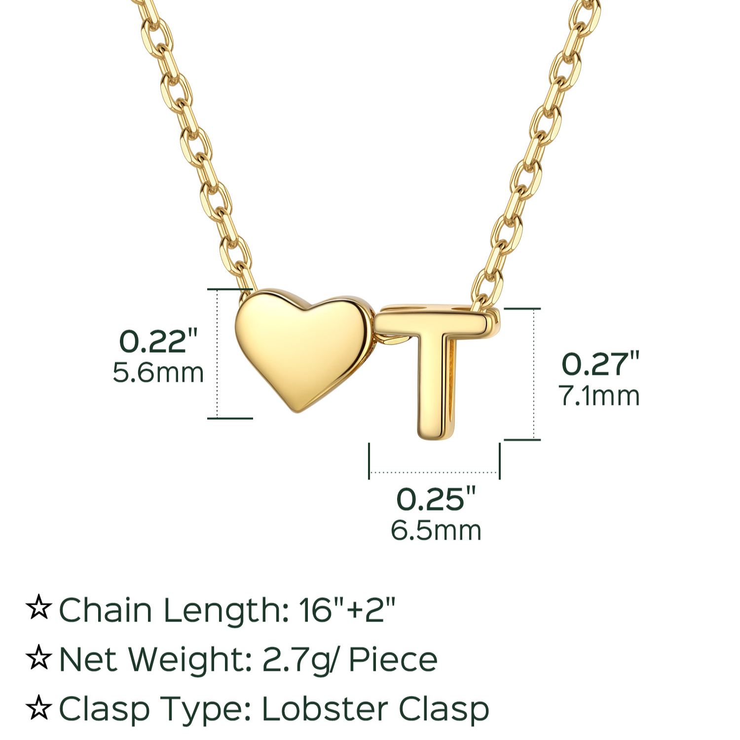 T-Gold Heart & Initial Pendant Necklace, sterling silver jewlery, heart necklace, initial necklace, gift idea,  A to Z  jewelry