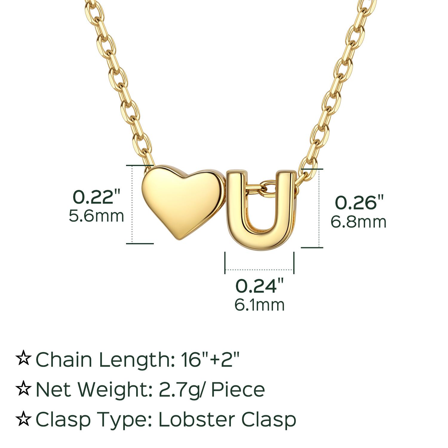U-Gold Heart & Initial Pendant Necklace, sterling silver jewlery, heart necklace, initial necklace, gift idea,  A to Z  jewelry