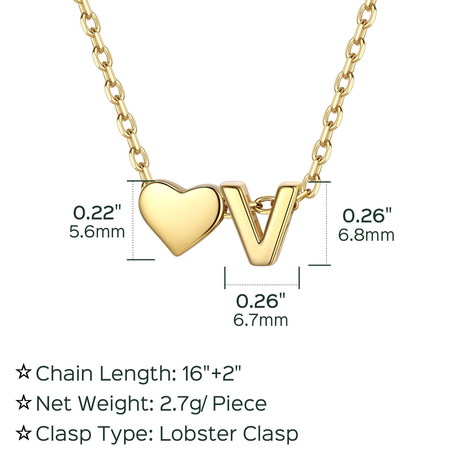 V-Gold Heart & Initial Pendant Necklace, sterling silver jewlery, heart necklace, initial necklace, gift idea,  A to Z  jewelry