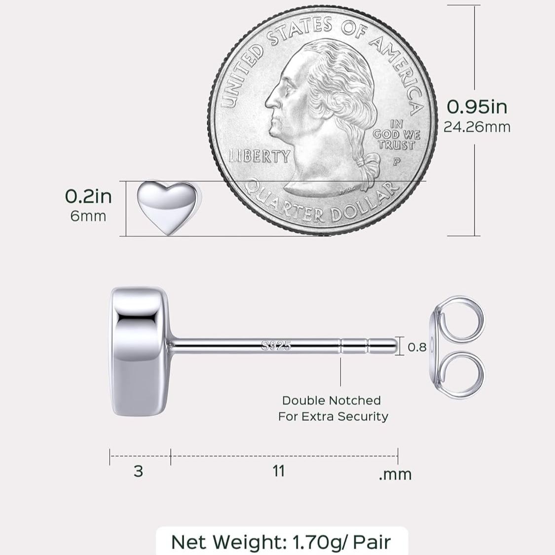 Classic 7mm Heart Stud Earrings for Women and Men,  silver jewelry, gift idea, Sterling silver earrings