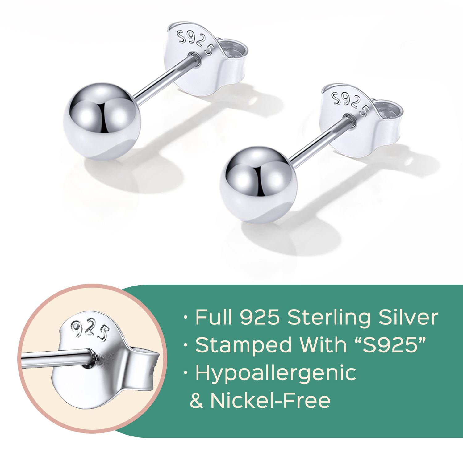 ChicSilver Sterling Silver Ball Stud Earrings Details: Dimensions, Hypoallergenic, Push Back Finding