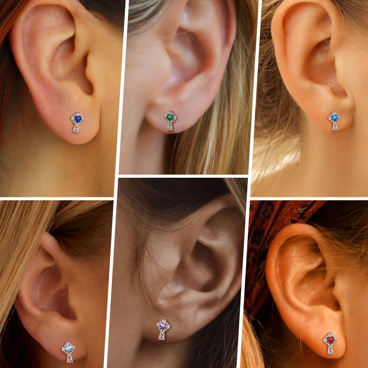 wearing effects of Birthstone Celtic Knot Cross Stud Earrings in Different Months