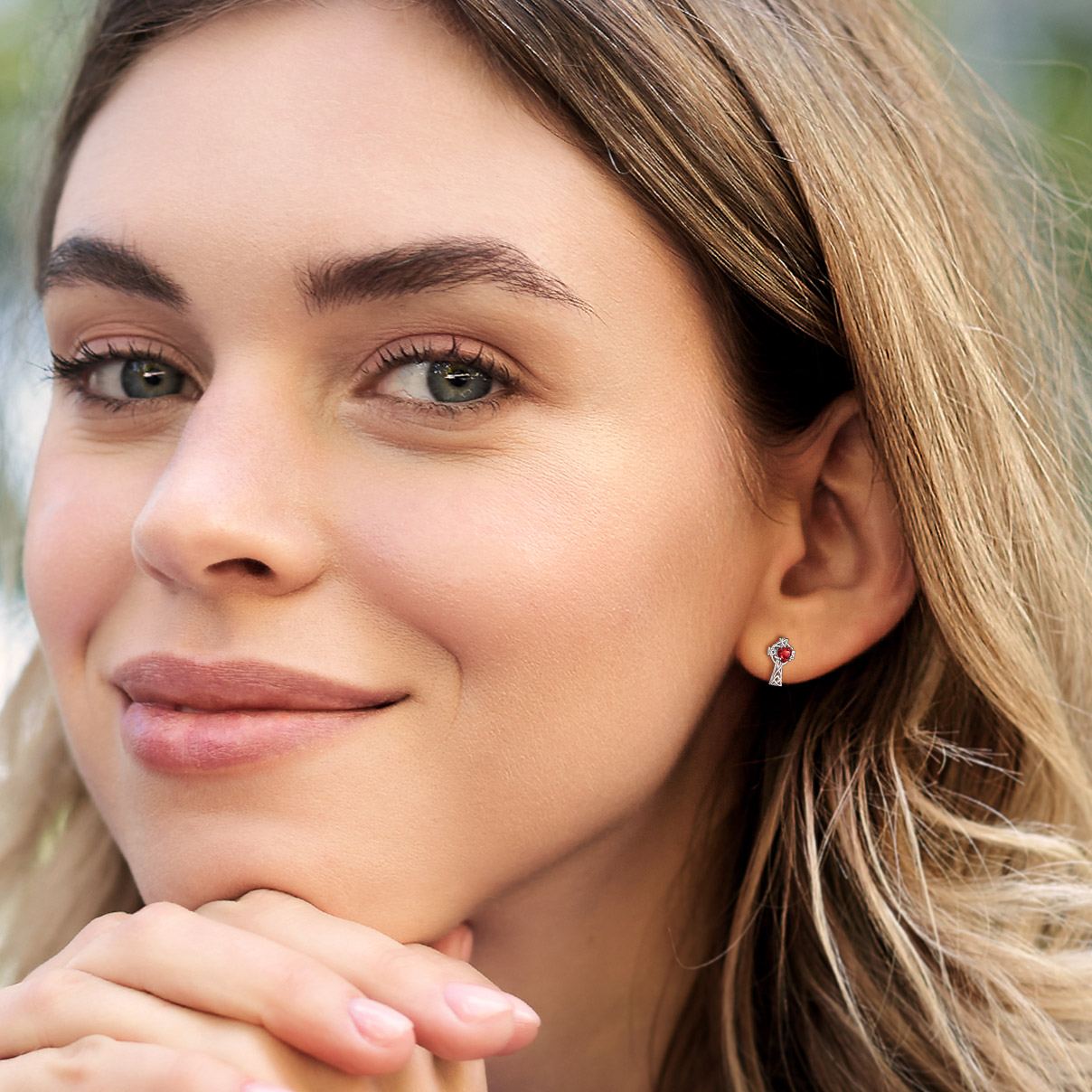 Birthstone Celtic Knot Cross Stud Earrings Garnet - wearing effects of  model