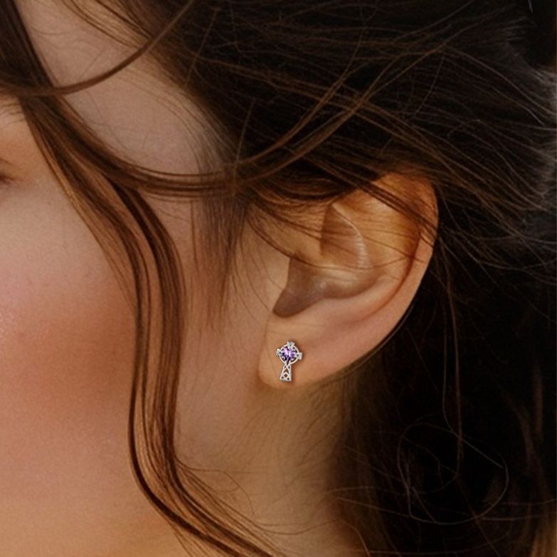 Birthstone Celtic Knot Cross Stud Earrings Amethyst - wearing details