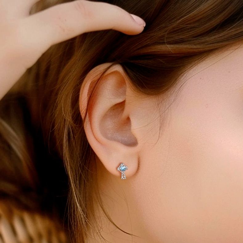Birthstone Celtic Knot Cross Stud Earrings Aquamarine -wearing scene