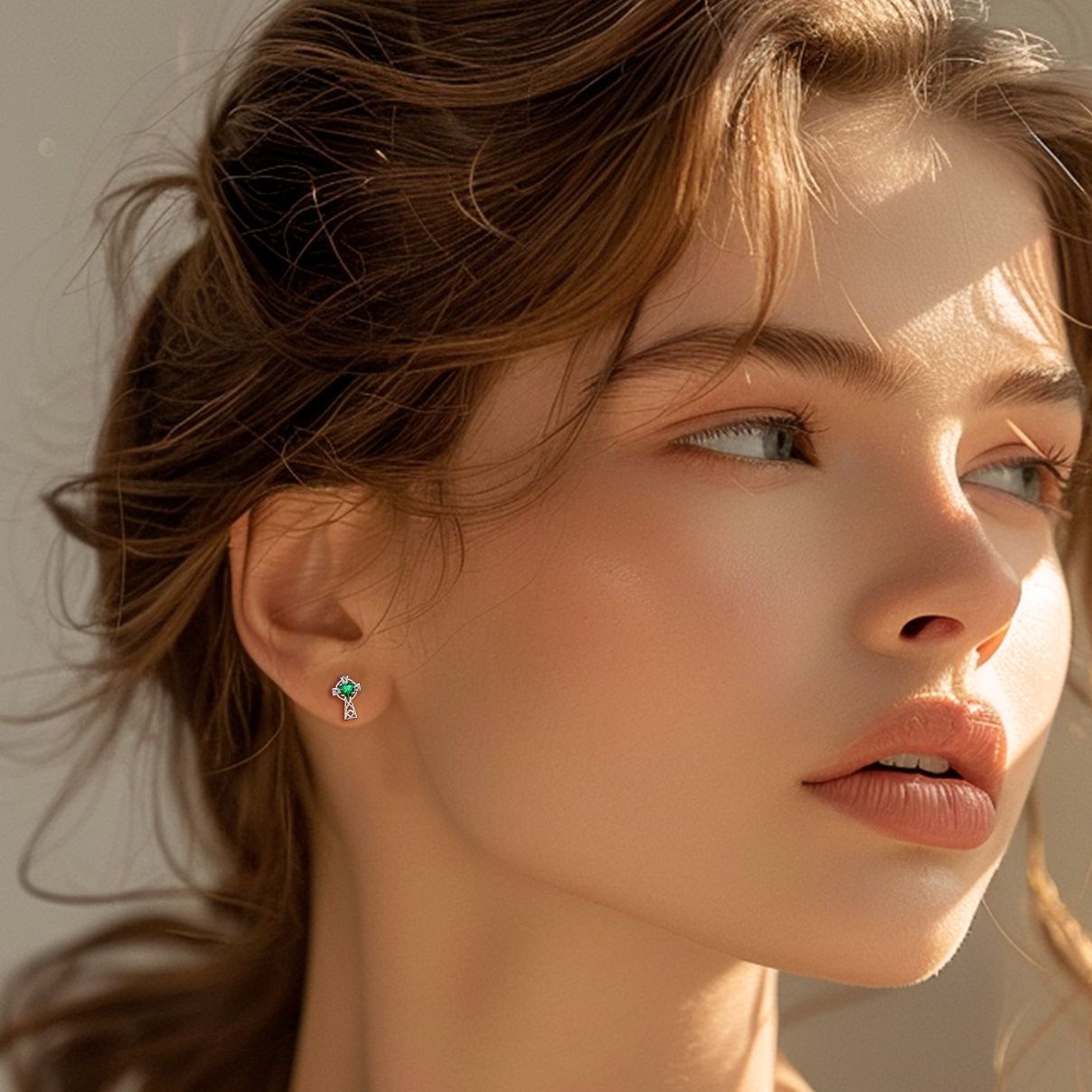 Birthstone Celtic Knot Cross Stud Earrings Emerald -model effects
