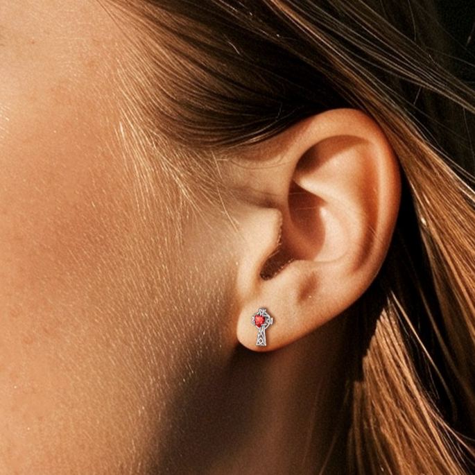 Birthstone Celtic Knot Cross Stud Earrings Ruby -wearing effect