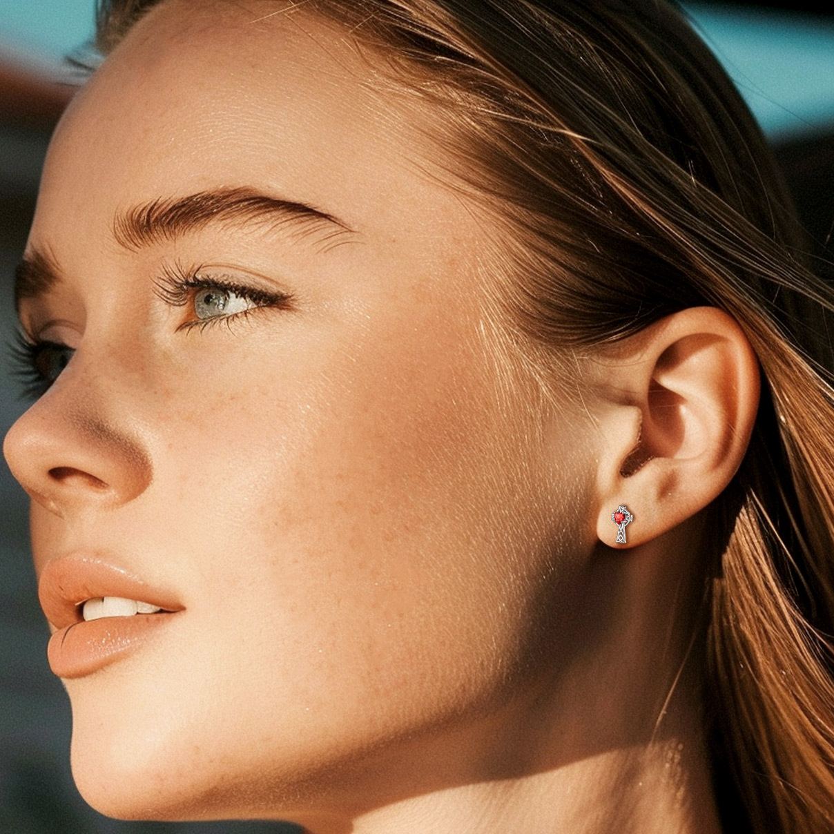 Birthstone Celtic Knot Cross Stud Earrings Ruby -model effects