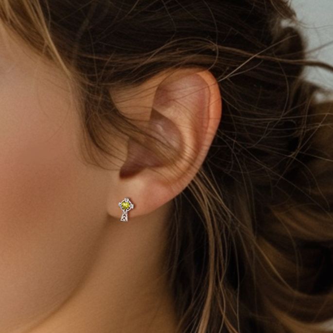 Birthstone Celtic Knot Cross Stud Earrings Peridot- wearing effect