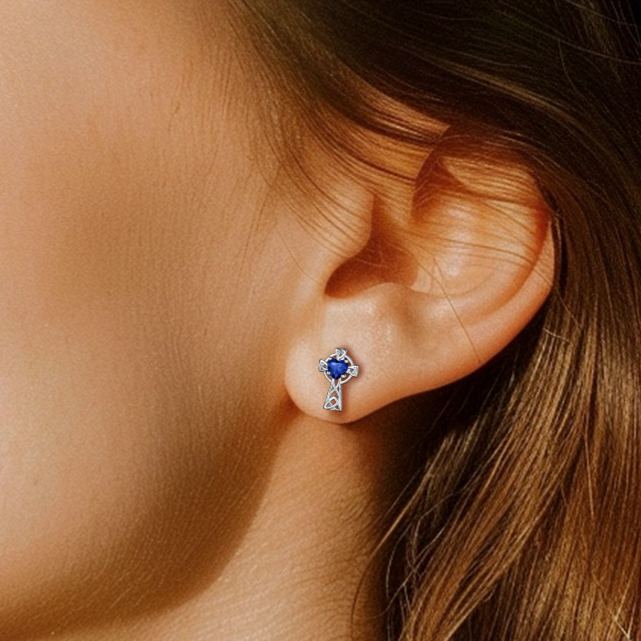 Birthstone Celtic Knot Cross Stud Earrings Sapphire -wearing effect