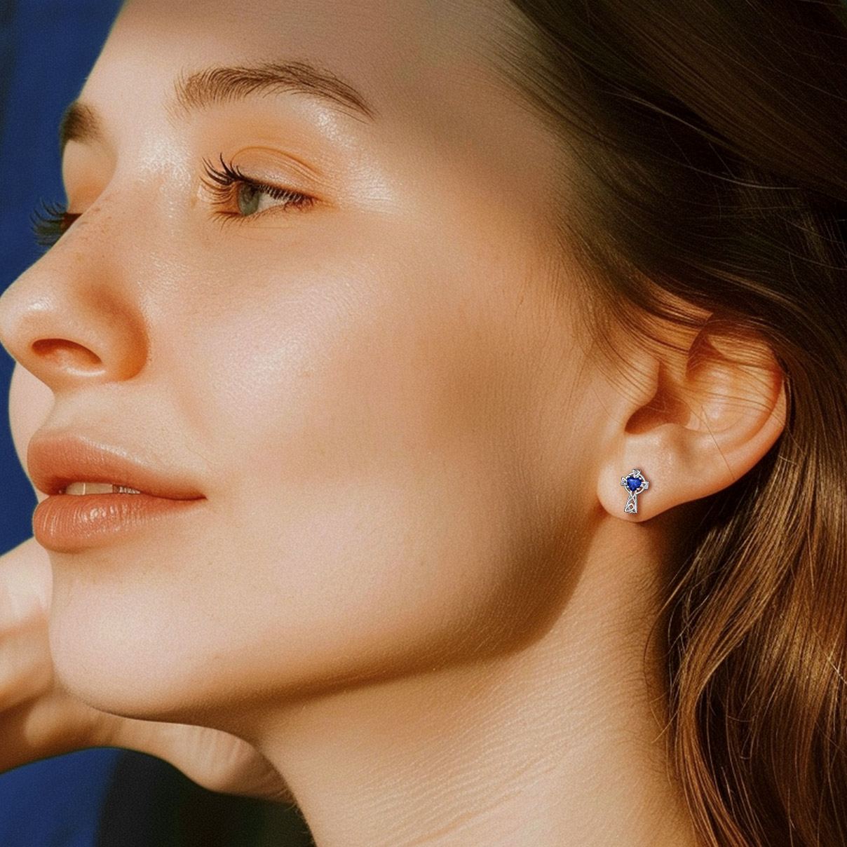 Birthstone Celtic Knot Cross Stud Earrings Sapphire -model effect