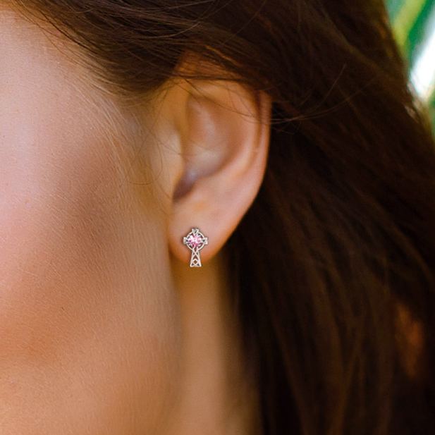 Birthstone Celtic Knot Cross Stud Earrings  Pink Tourmaline- wearing effect