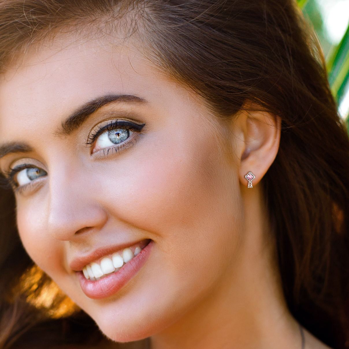 Birthstone Celtic Knot Cross Stud Earrings  Pink Tourmaline-model effect