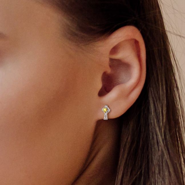 Birthstone Celtic Knot Cross Stud Earrings Yellow Topaz- wearing effect