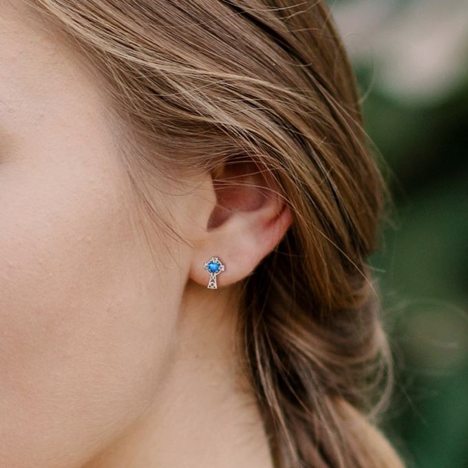 Birthstone Celtic Knot Cross Stud Earrings Tanzanite- wearing effect