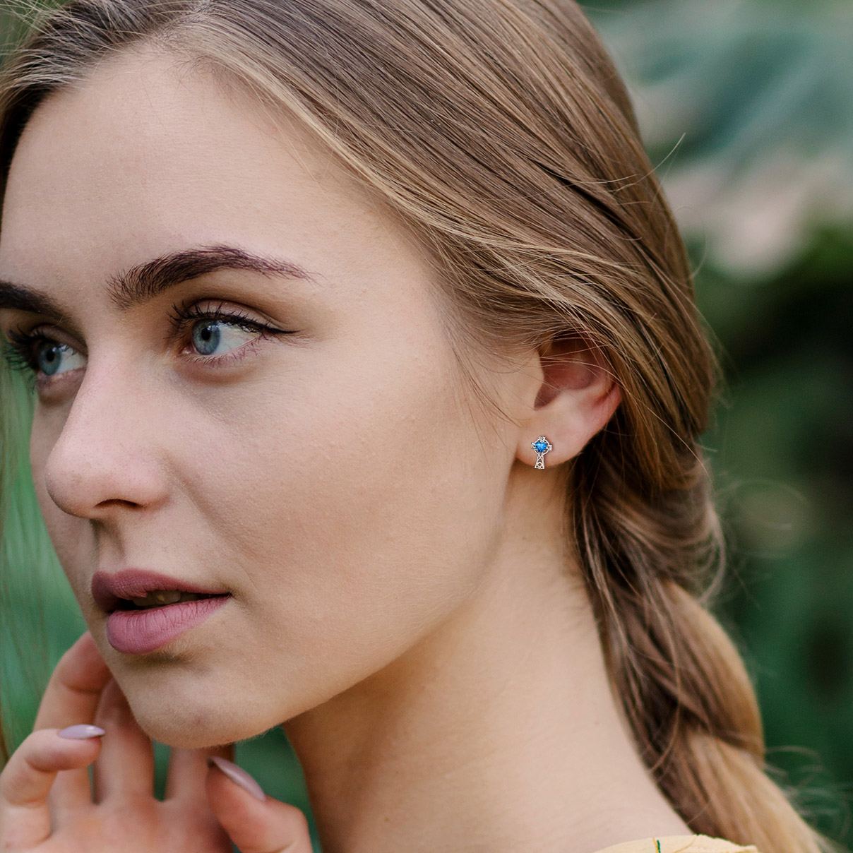 Birthstone Celtic Knot Cross Stud Earrings Tanzanite- model effect