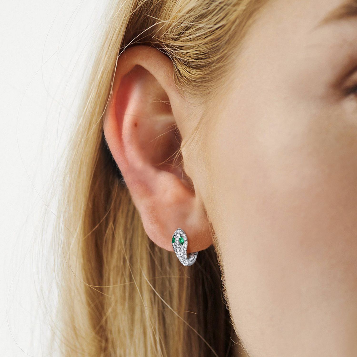 Snake Eye CZ Hoop Earrings In 925 Sterling Silver - wearing effect