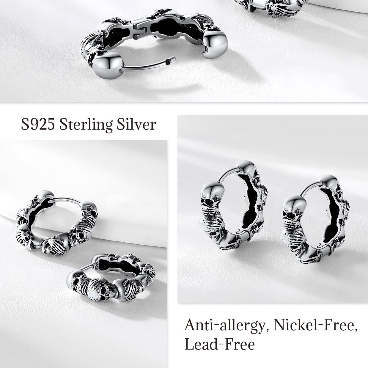 Three Wise Skull Hoop Earrings In 925 Sterling Silver - product detail(3)