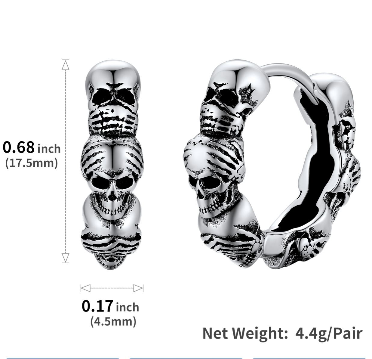 Three Wise Skull Hoop Earrings In 925 Sterling Silver - product size