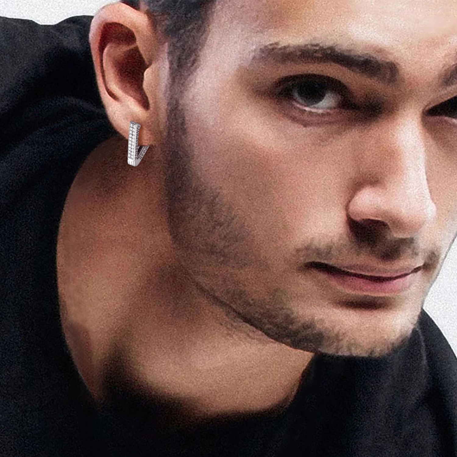 Rune Engraved Triangle Diamond Hoop Earrings silver - model effect