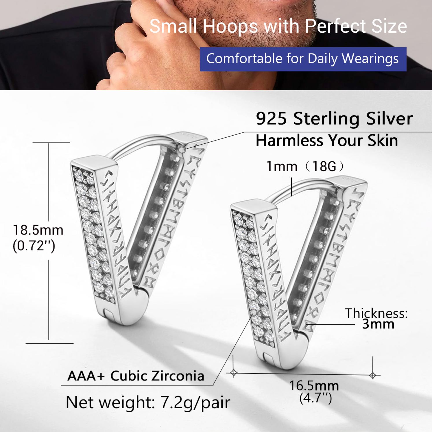 Rune Engraved Triangle Diamond Hoop Earrings silver - product size